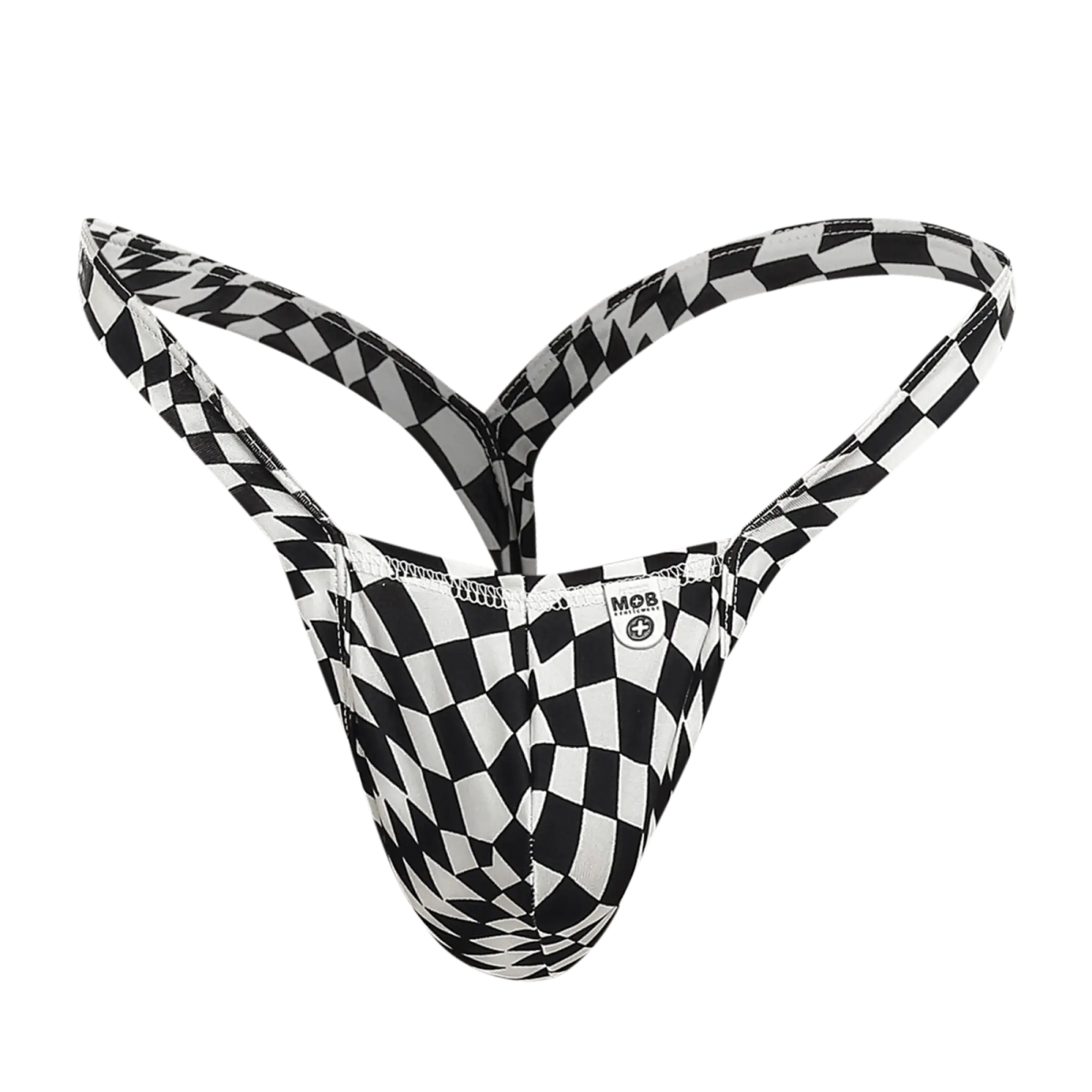 Black and white checkered patterned men’s thong with mob brand label front view from the mob y buns thong collection