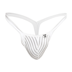 White striped mob y buns thong with sleek modern design and thin straps shown from the back side