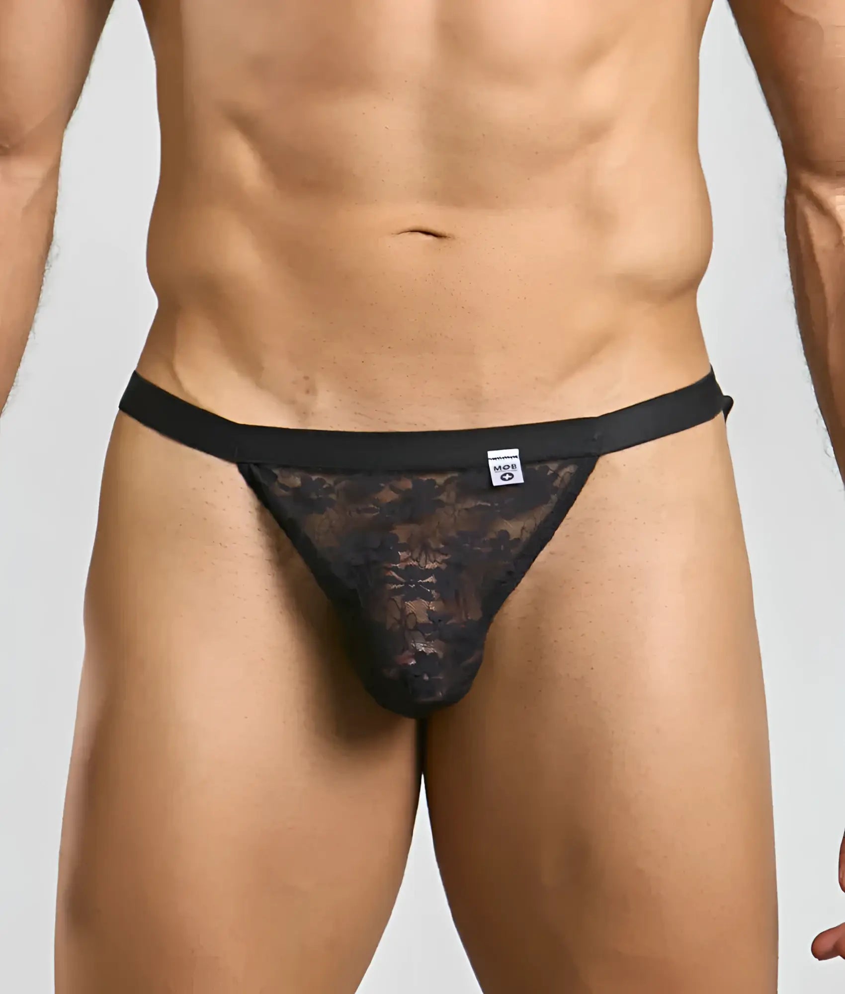Black lace mob y sexy thong with solid black waistband and floral pattern front view