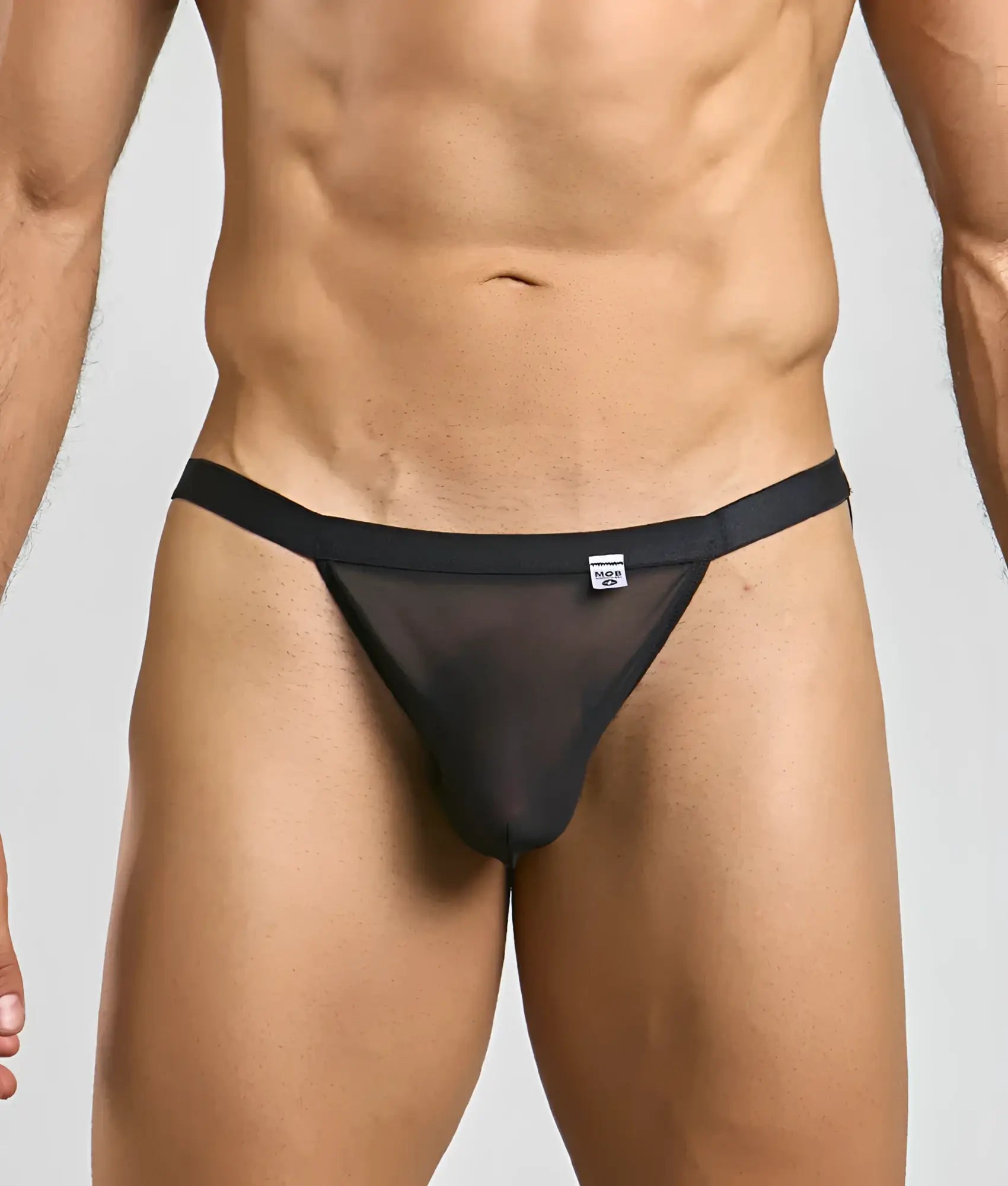 Black sheer mesh thong with solid black waistband from mob y sexy thong shown from the back side