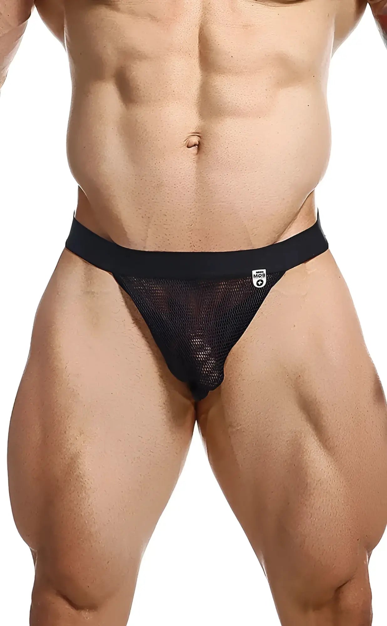 Black mesh briefs with a solid black waistband from mob fisherman jock featuring breathable mesh material