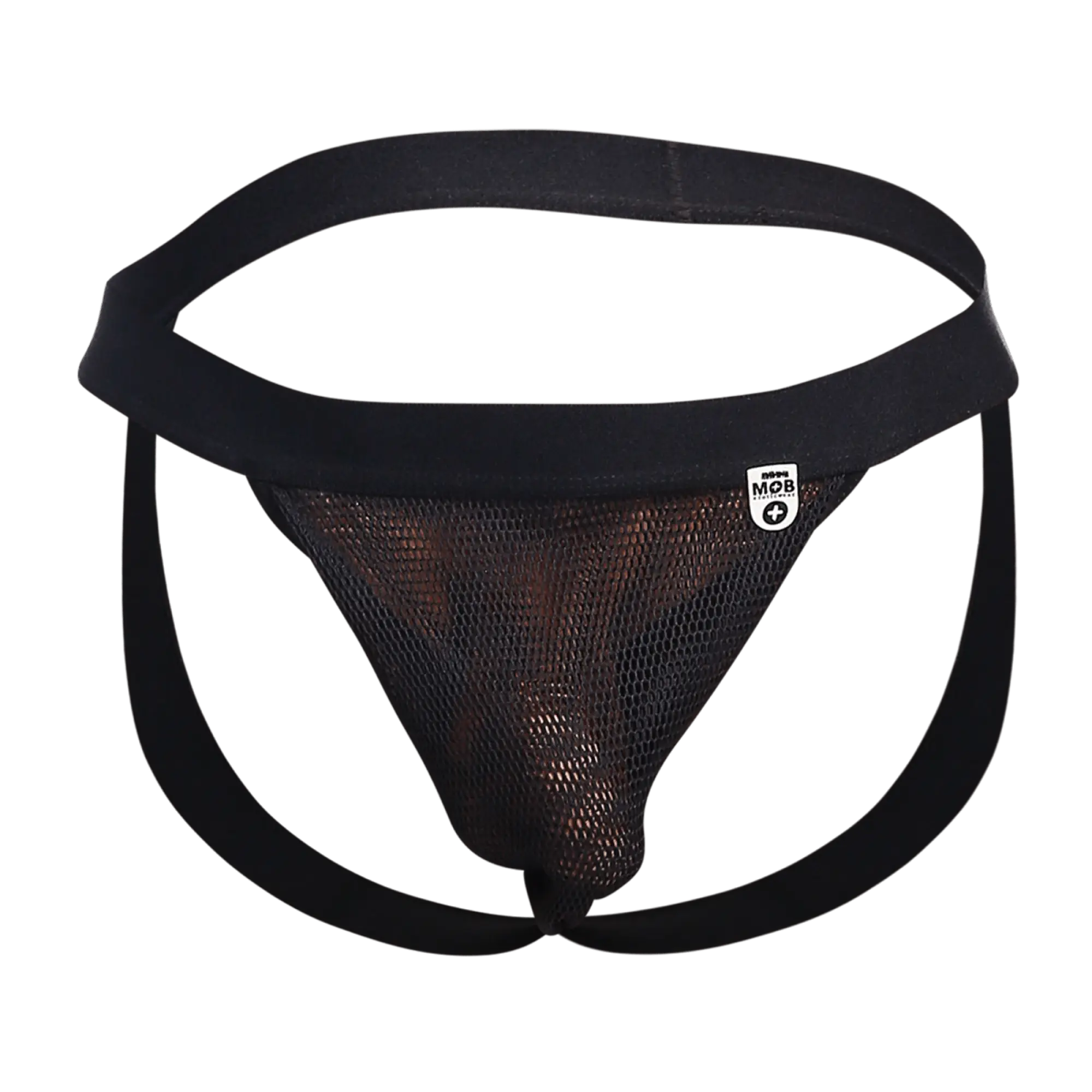 Black mesh fisherman jock briefs with solid black waistband leg straps and white mob brand tag on the side