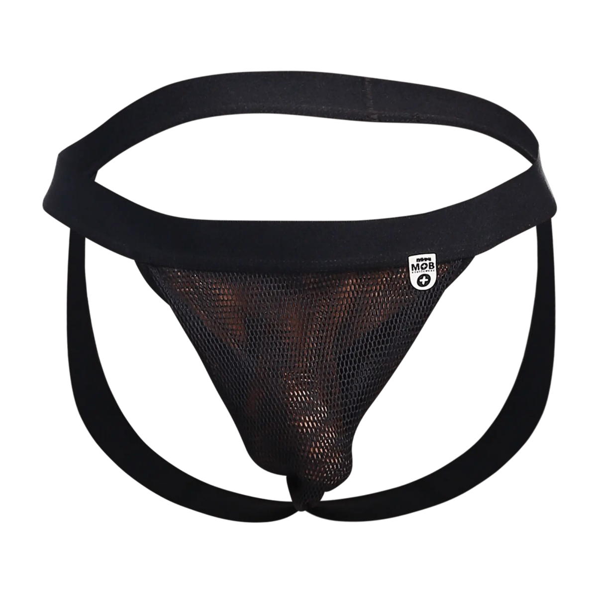 Black mesh briefs with solid waistband and leg straps featuring a white mob brand tag on the side mob fisherman jock
