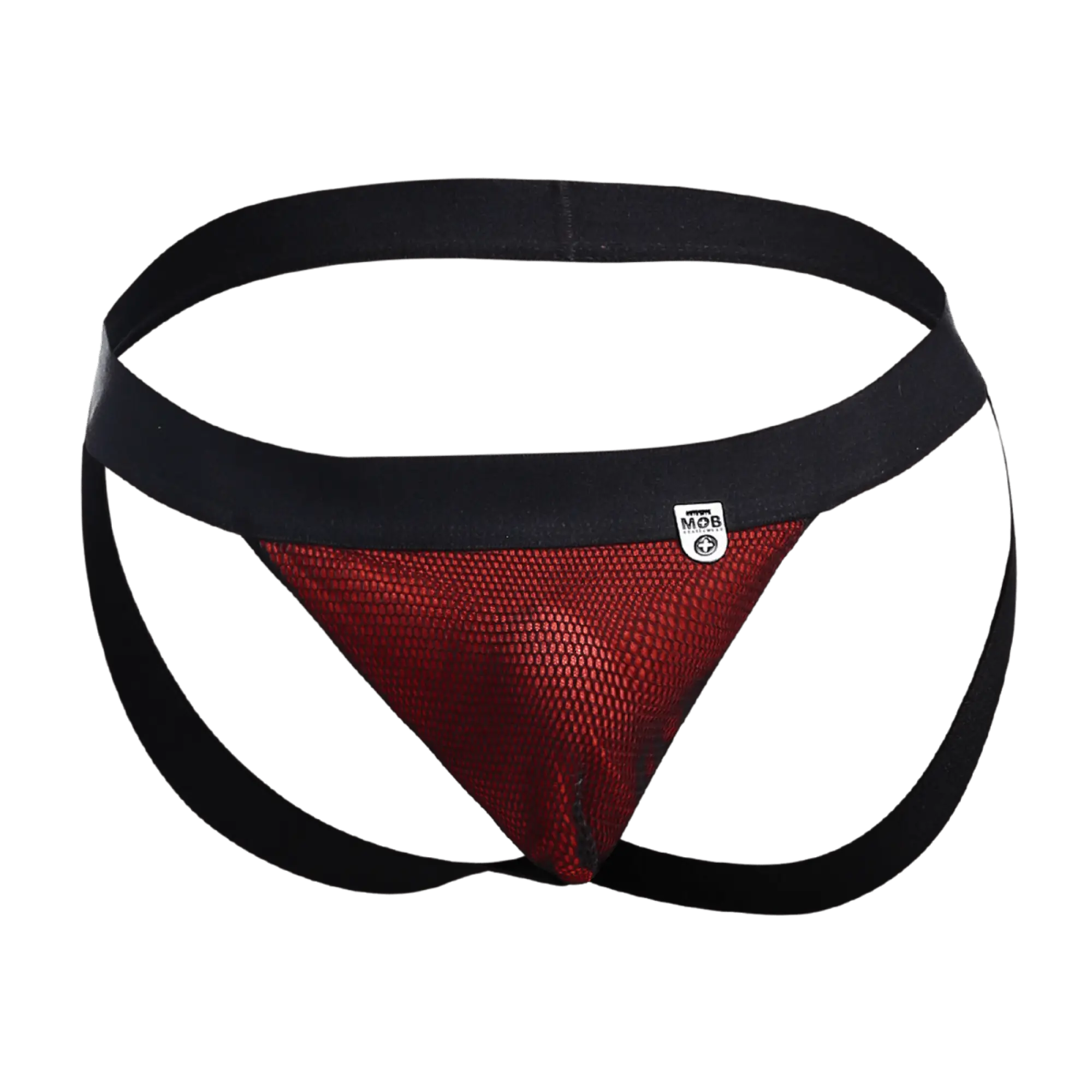 Black and red mesh athletic brief with black waistband featuring mob brand logo in mob fisherman jock style