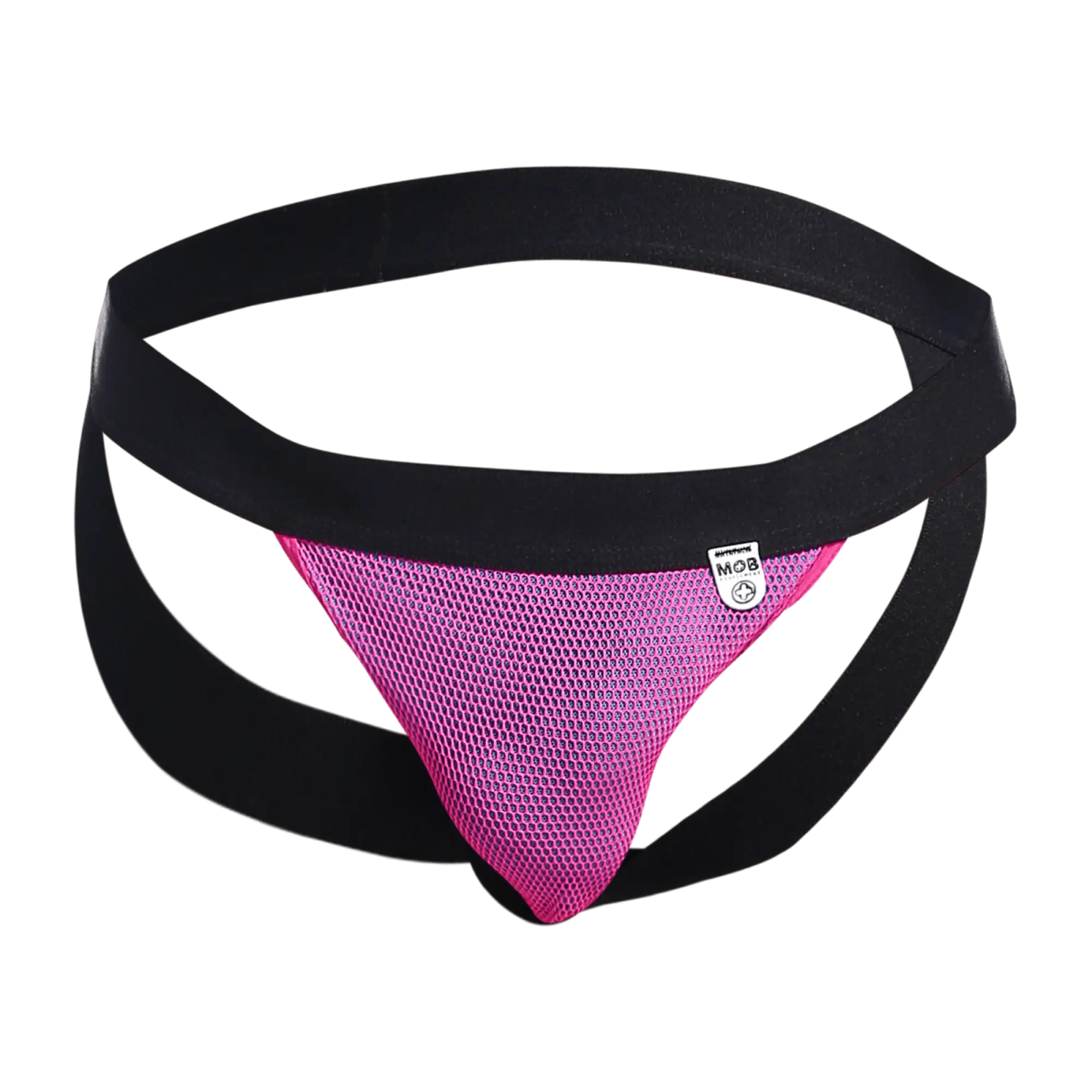 Mob Fisherman Jock pink mesh athletic brief with black elastic waistband and side straps in front view