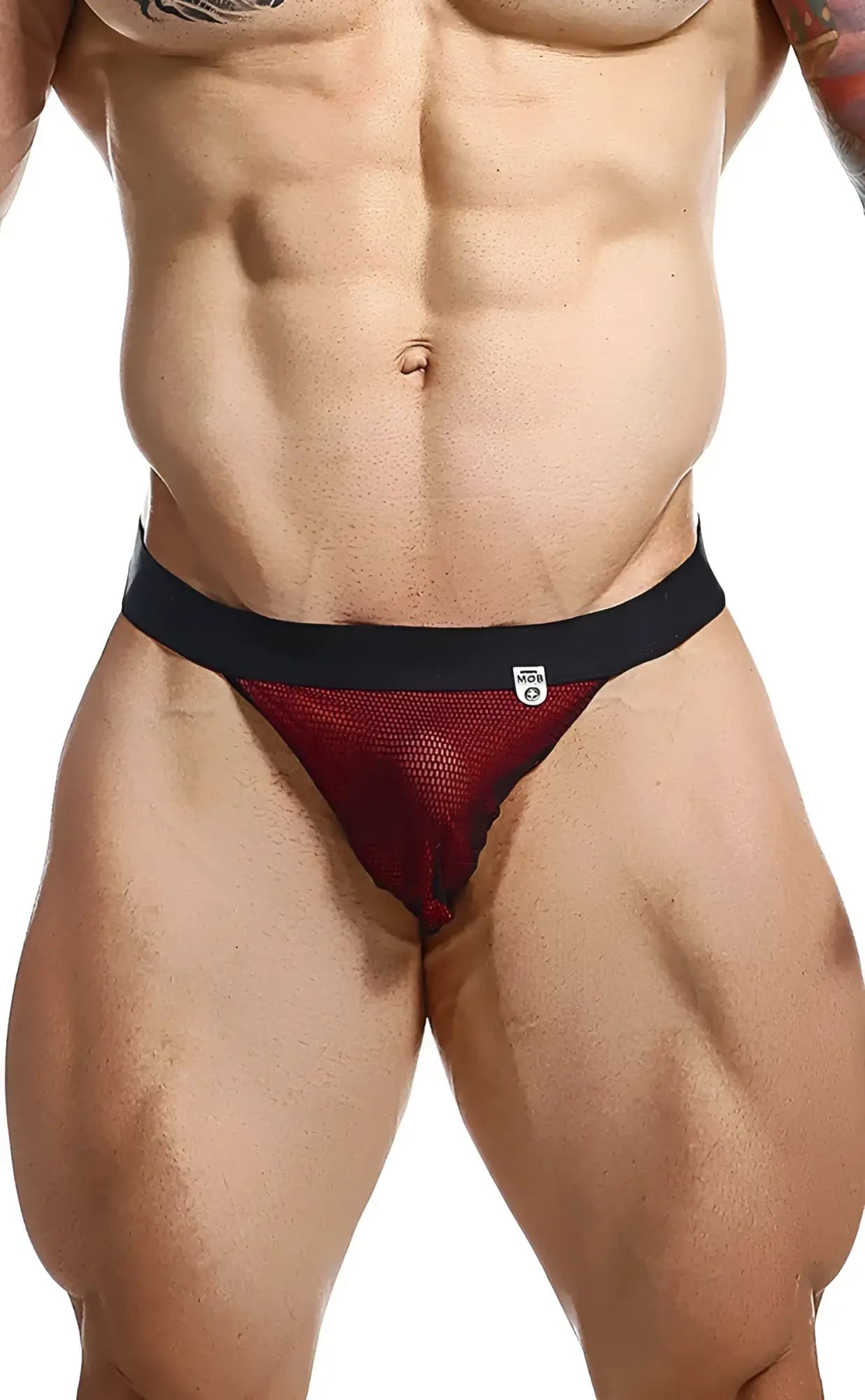 Mob fisherman jock red mesh briefs with black waistband designed for breathable comfort and support
