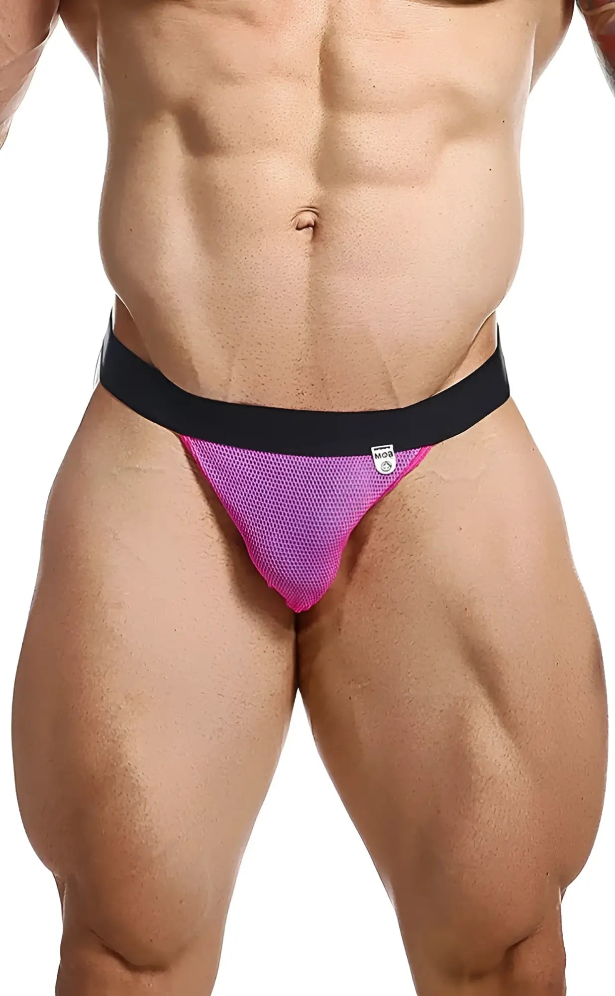 Vibrant pink MOB Fisherman jock mesh briefs with a black elastic waistband for breathable comfort