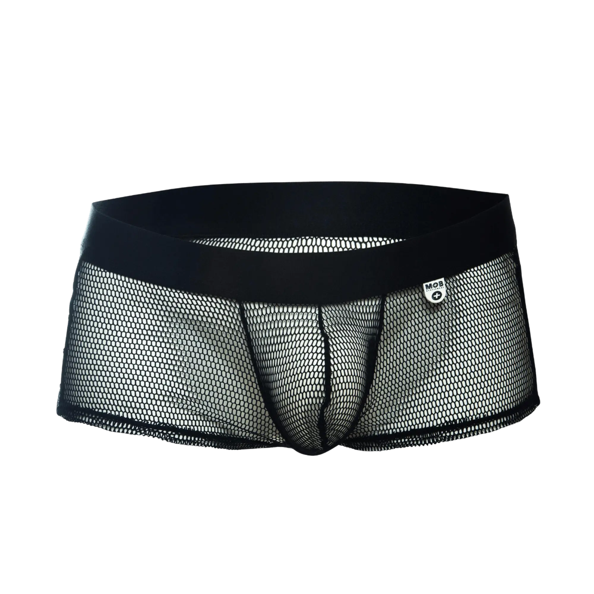 Black mesh men’s underwear with solid black waistband and white logo tag mob fishnet boxer front view