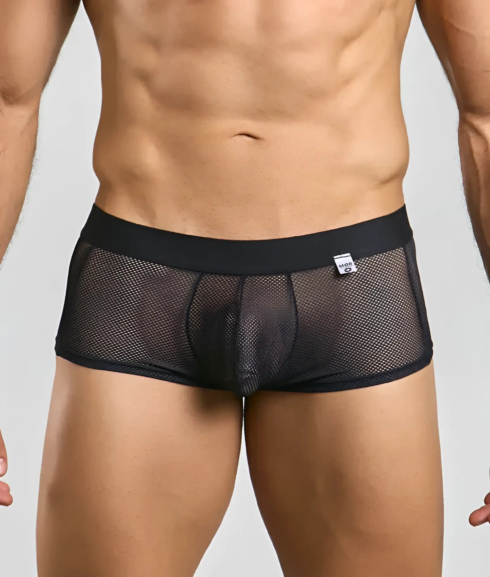 Black mesh mob fishnet boxer briefs with solid black waistband and small white brand tag