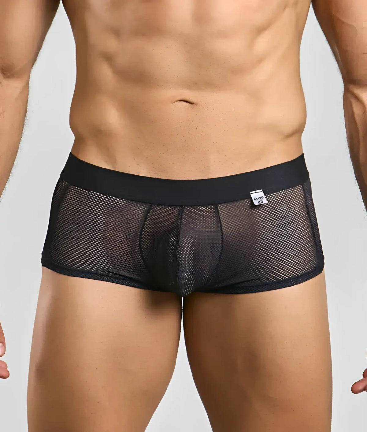 Black mesh mob fishnet boxer briefs with solid black waistband and small white brand tag