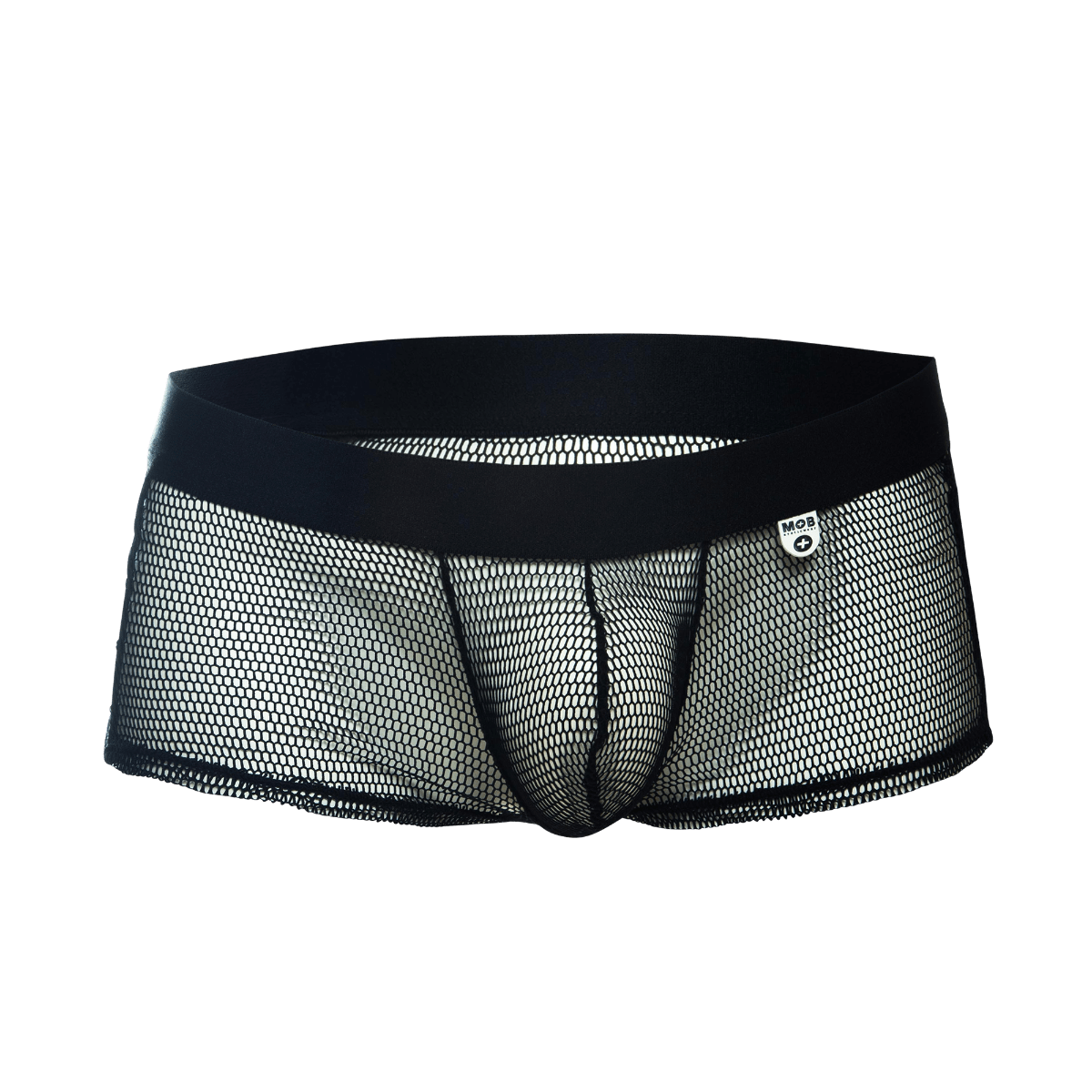 Black mesh men’s underwear with solid black waistband and white logo tag mob fishnet boxer front view