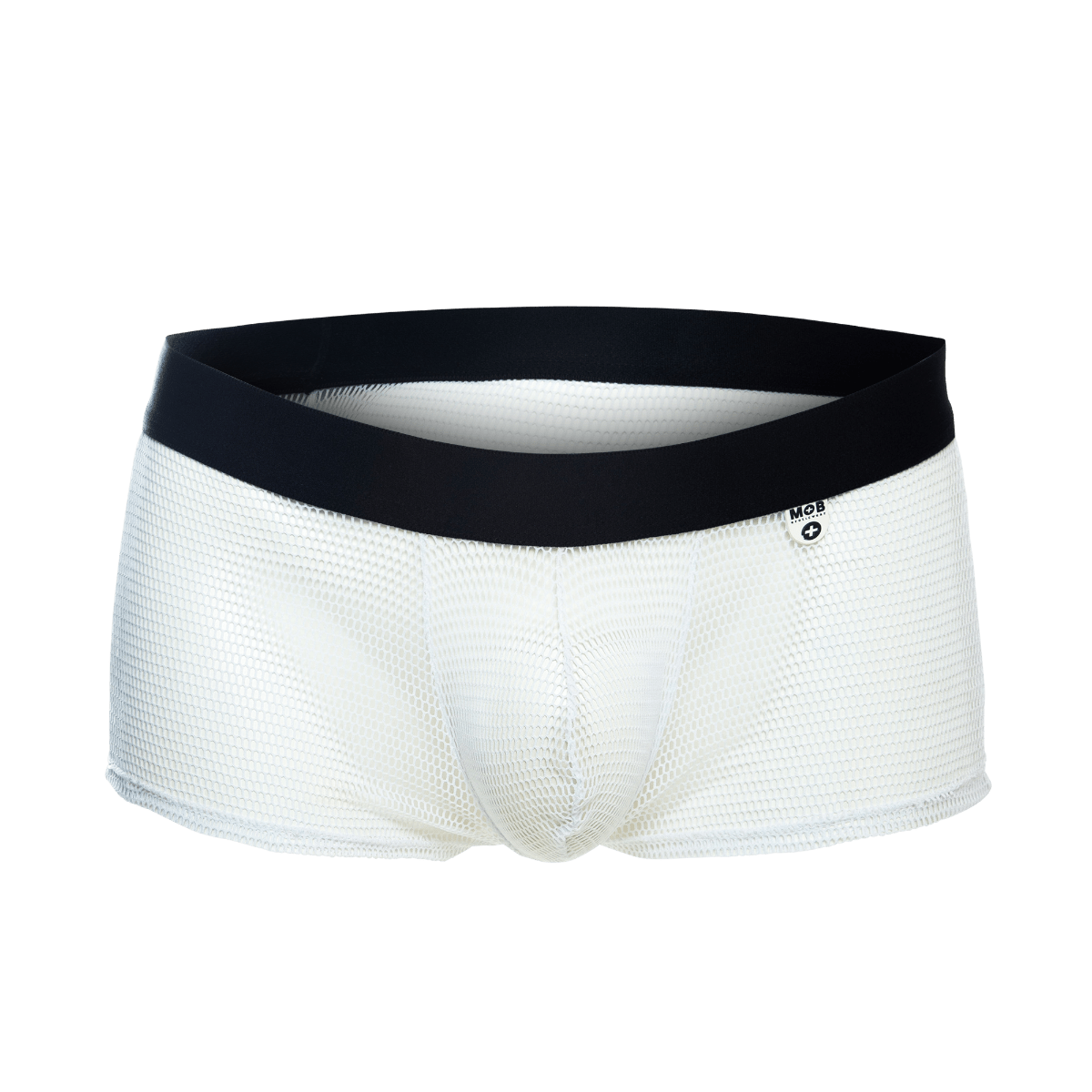 White mesh briefs with black elastic waistband featuring mcb logo on the side in the mob fishnet boxer product