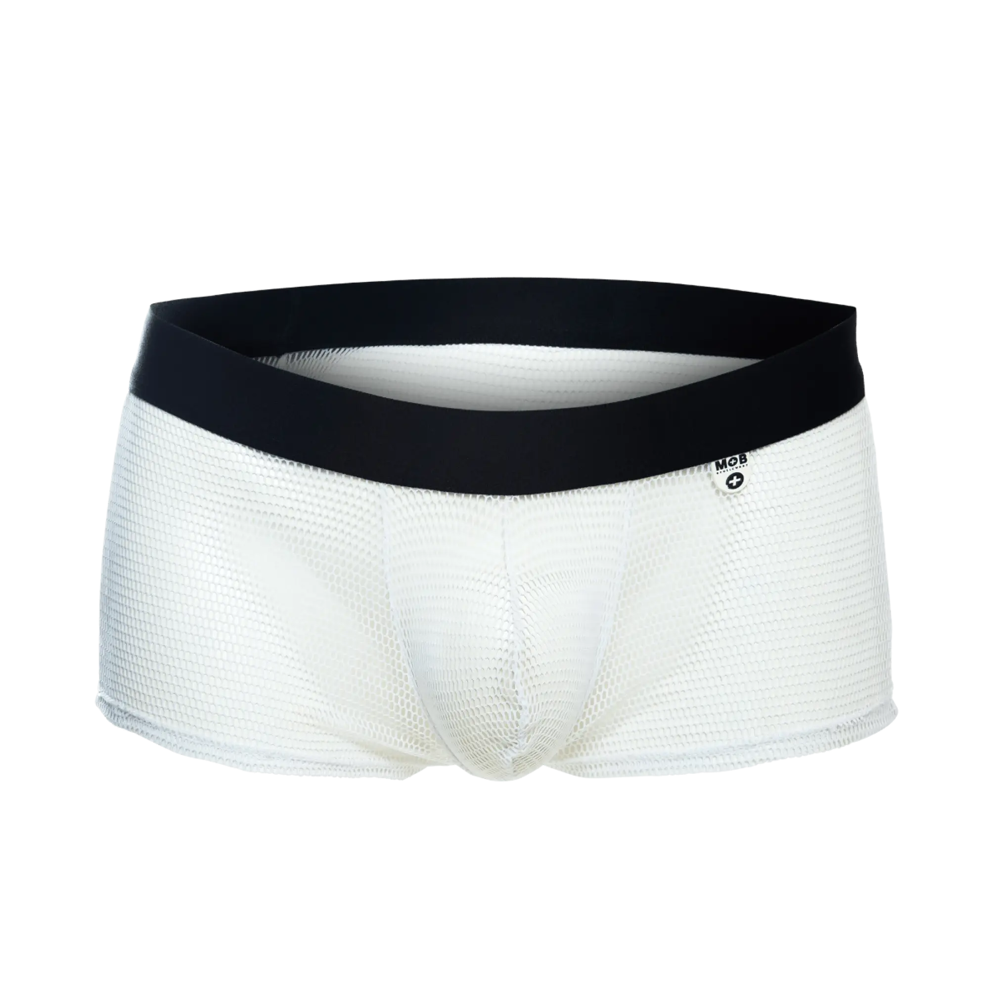 White mesh briefs with black elastic waistband featuring mcb logo on the side in the mob fishnet boxer product
