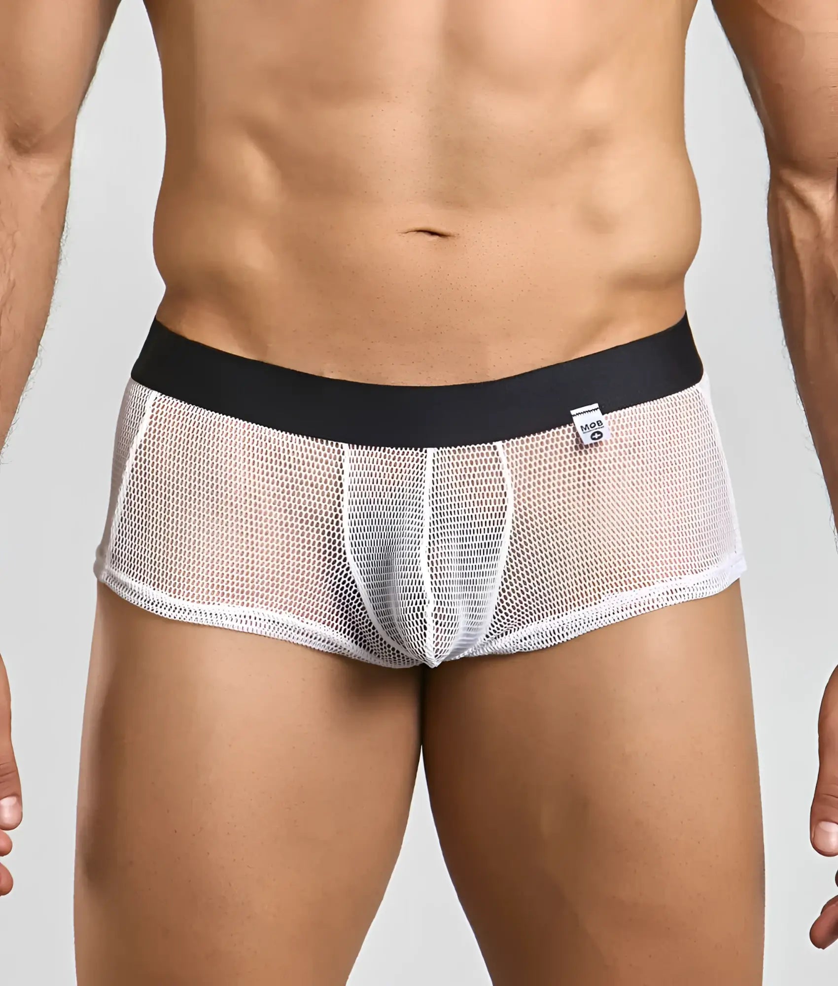 White mesh MOB Fishnet boxer briefs with a black waistband showcasing breathable fishnet material design