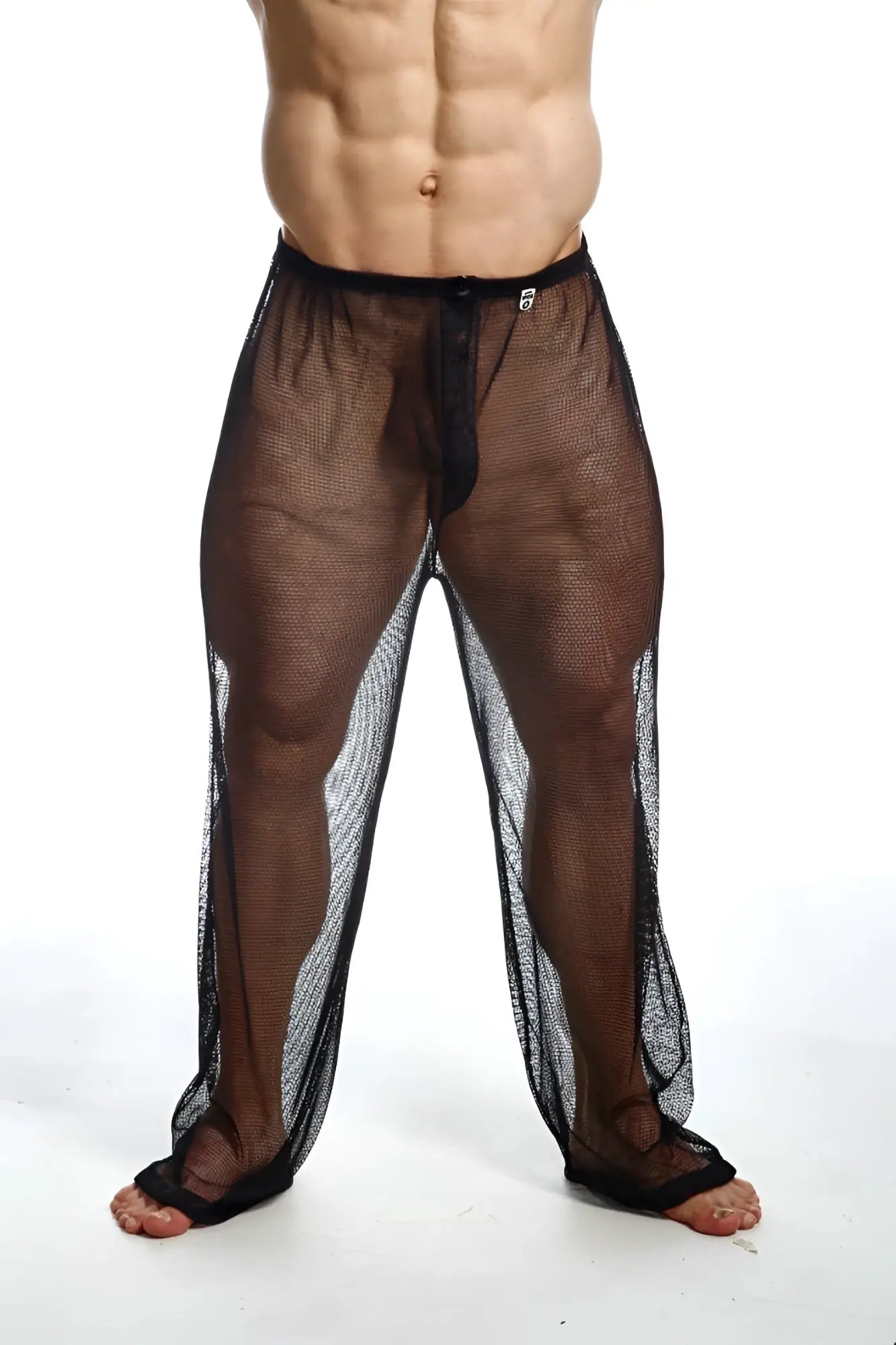 Black mesh men’s swim trunks with solid black waistband and reinforced cuffs from mob fishnet pants collection