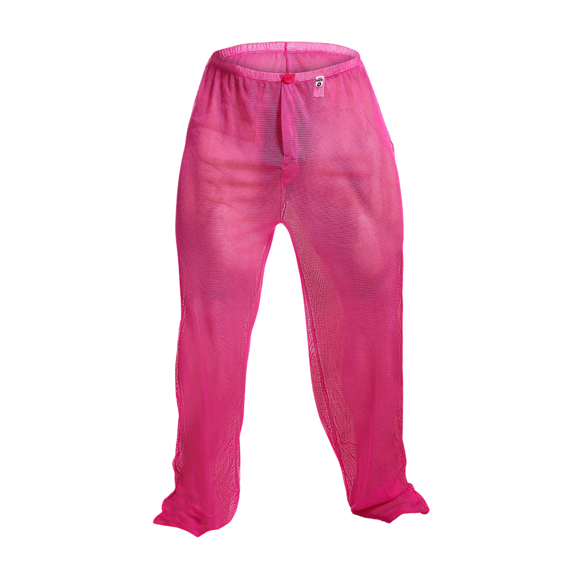 Bright pink mesh mob fishnet pants with elastic waistband and small front tag for stylish layering