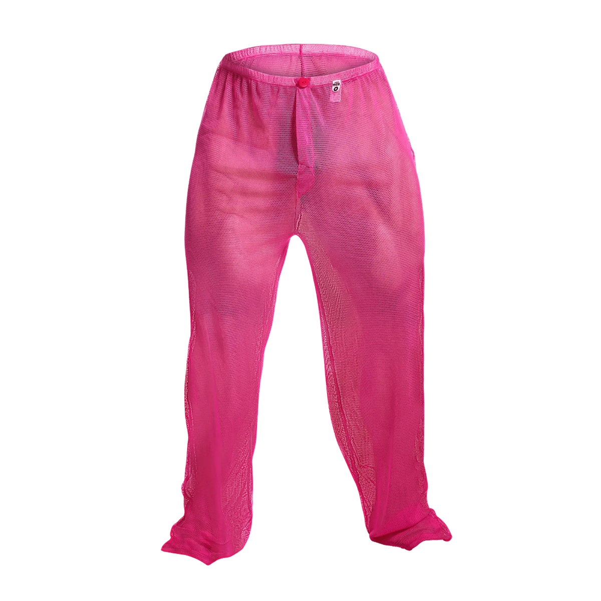 Bright pink mesh mob fishnet pants with elastic waistband and small front tag for stylish layering