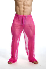 Mop fishnet pants in bright pink mesh with a snug elastic waistband and red button closure