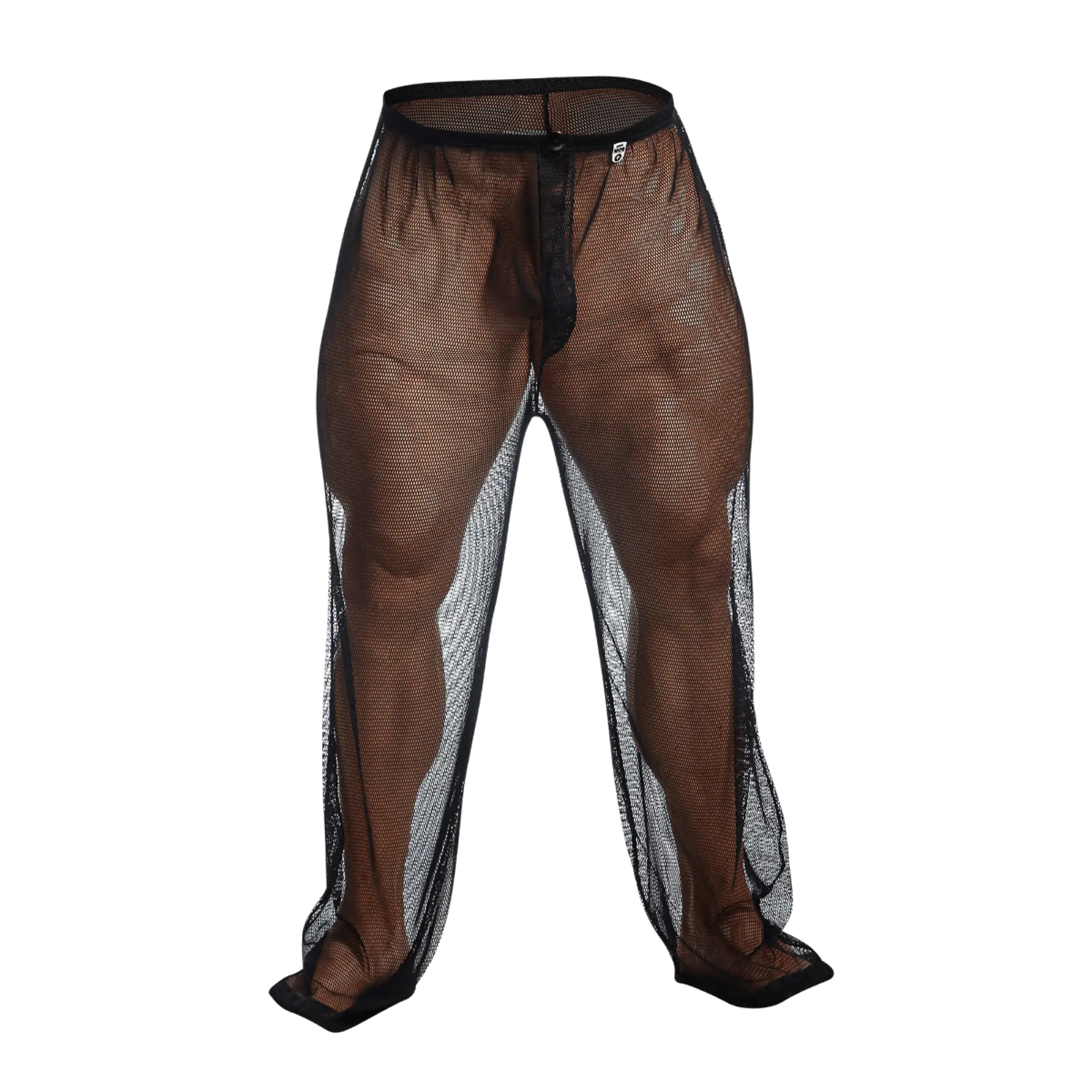 Brown mob fishnet pants with black elastic waistband and silver reflective side panels made of mesh material