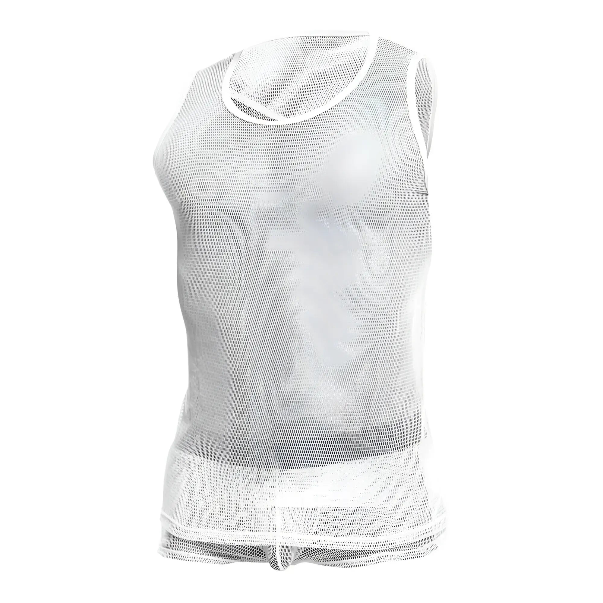 White mesh mob fishnet tanktop with round neckline and hemmed edges designed for breathable wear