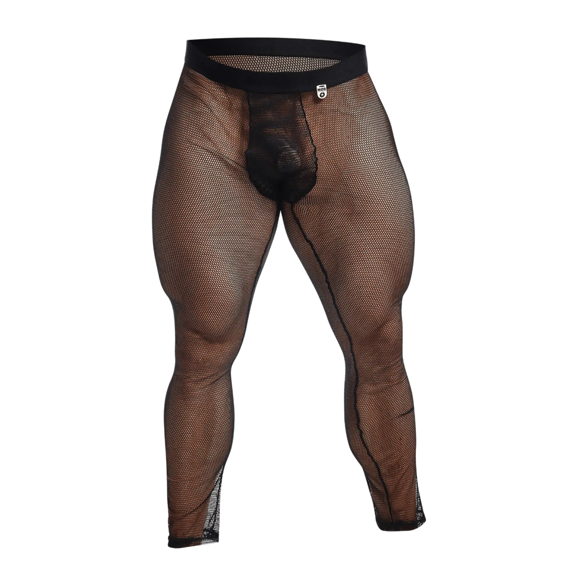 Black mesh men’s underwear with solid black waistband and reinforced leg seams from mob fishnet tights collection