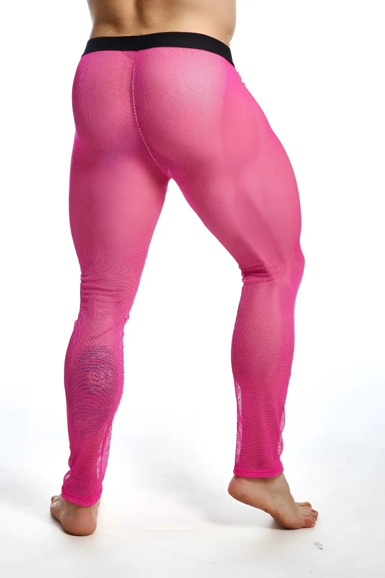 Bright pink mob fishnet mesh leggings with black waistband designed for stylish and breathable wear