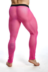 Bright pink mob fishnet mesh leggings with black waistband designed for stylish and breathable wear