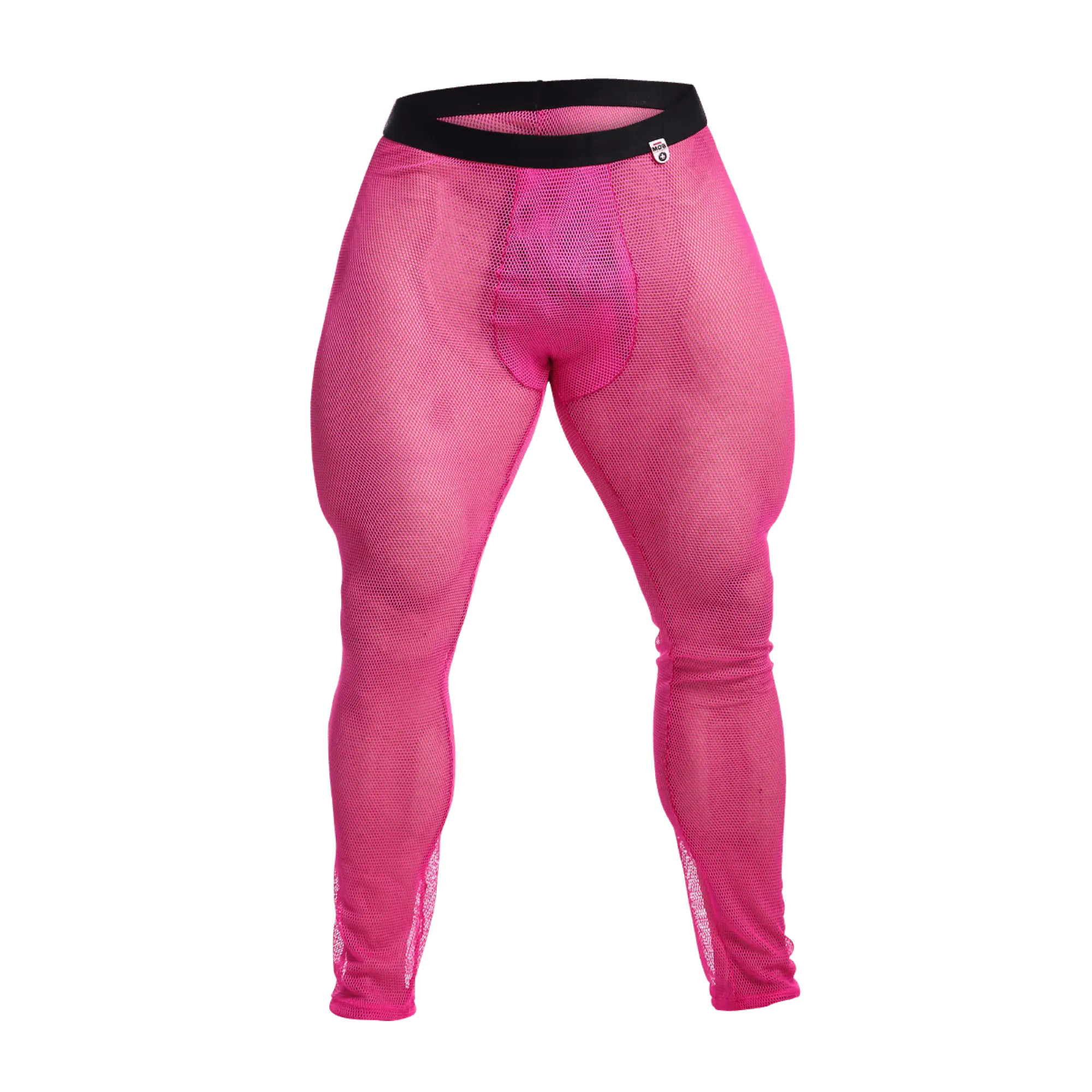 Bright pink mob fishnet tights featuring mesh material and a black waistband for stylish legwear
