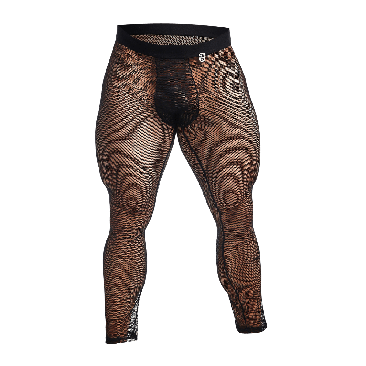 Black mesh men’s underwear with solid waistband and reinforced leg seams from mob fishnet tights final sale collection