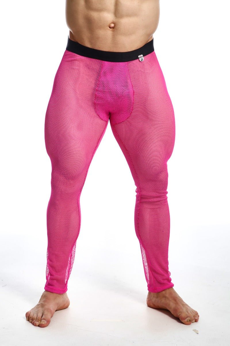 Bright pink mesh fishnet tights with black waistband in a sheer mesh material for final sale by mob
