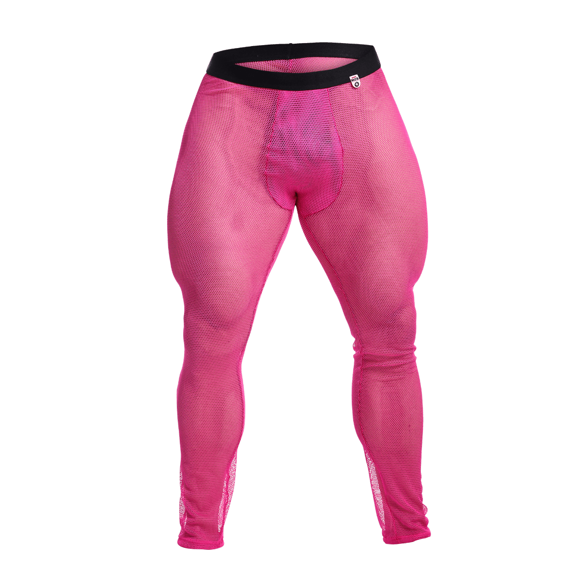 Bright pink mesh leggings with black waistband from mob fishnet tights final sale showing front view