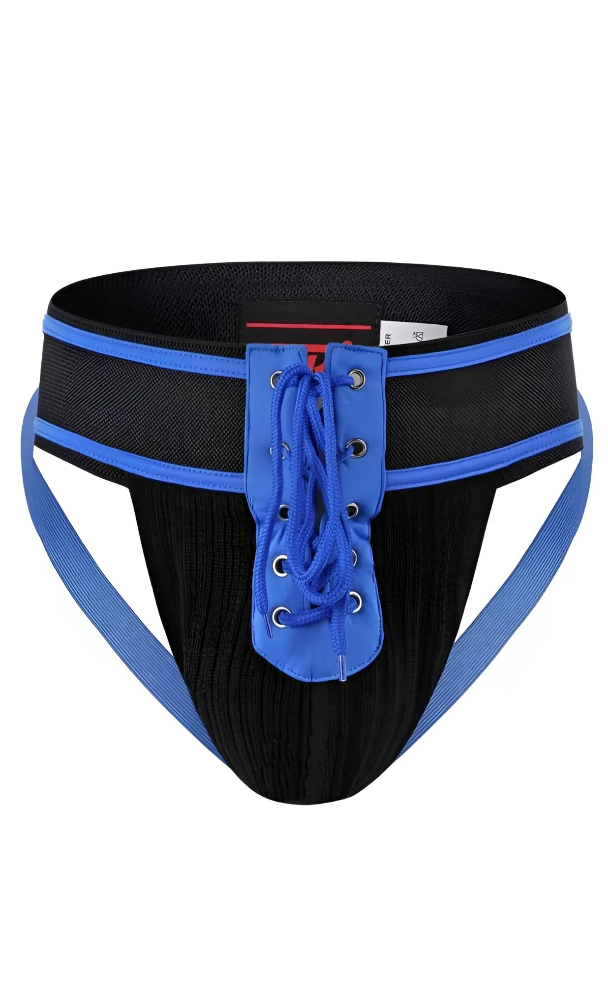 Black athletic briefs with blue trim and lace-up front designed as a mob football jockstrap product