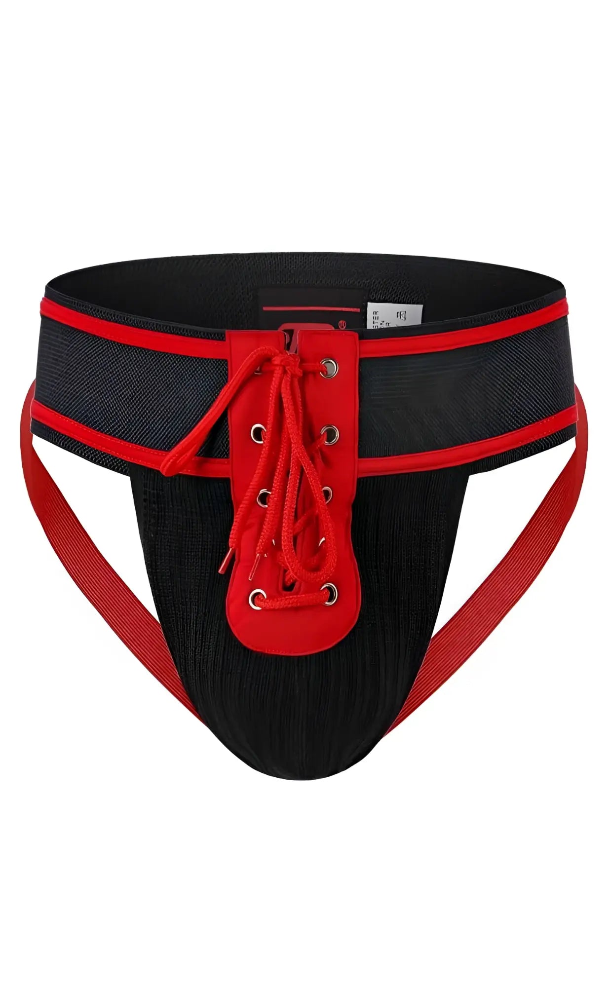 Black and red lace-up mob football jockstrap with textured fabric waistband designed for athletic support