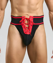 Black and red lace-up athletic briefs with textured fabric waistband for football by MOB Football Jockstrap