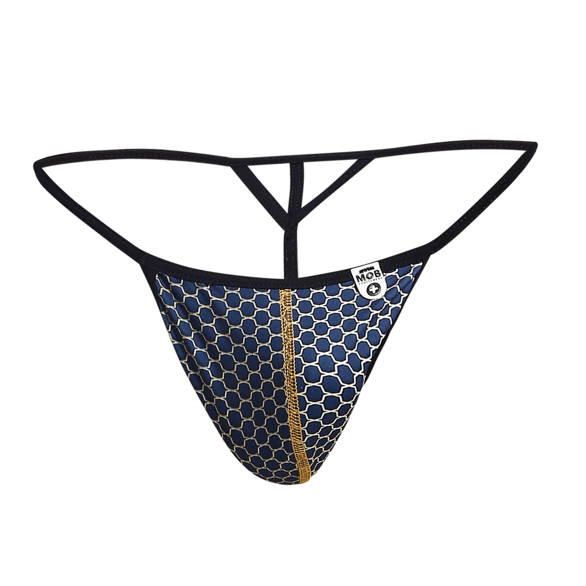 MOB hipster T thong print in blue and white honeycomb pattern with gold zipper and black elastic straps front view
