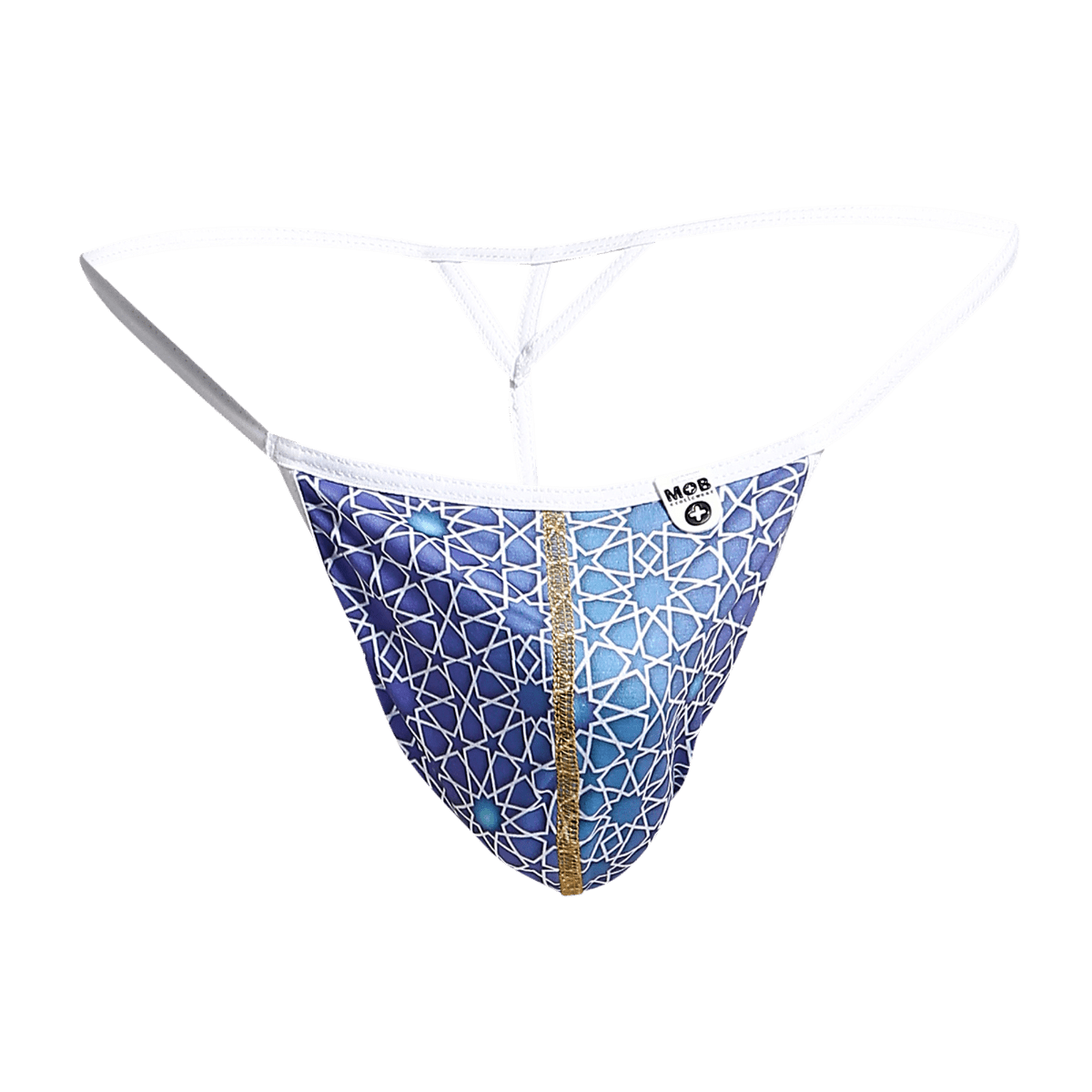 Blue patterned mob hipster t thong with white geometric design gold zipper and white waistband shown from the back
