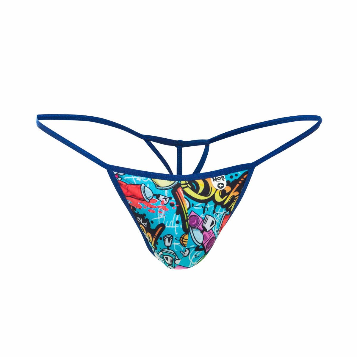 Vibrant mob hipster t thong print with bold blue red and purple graffiti pattern and sleek navy elastic waistband