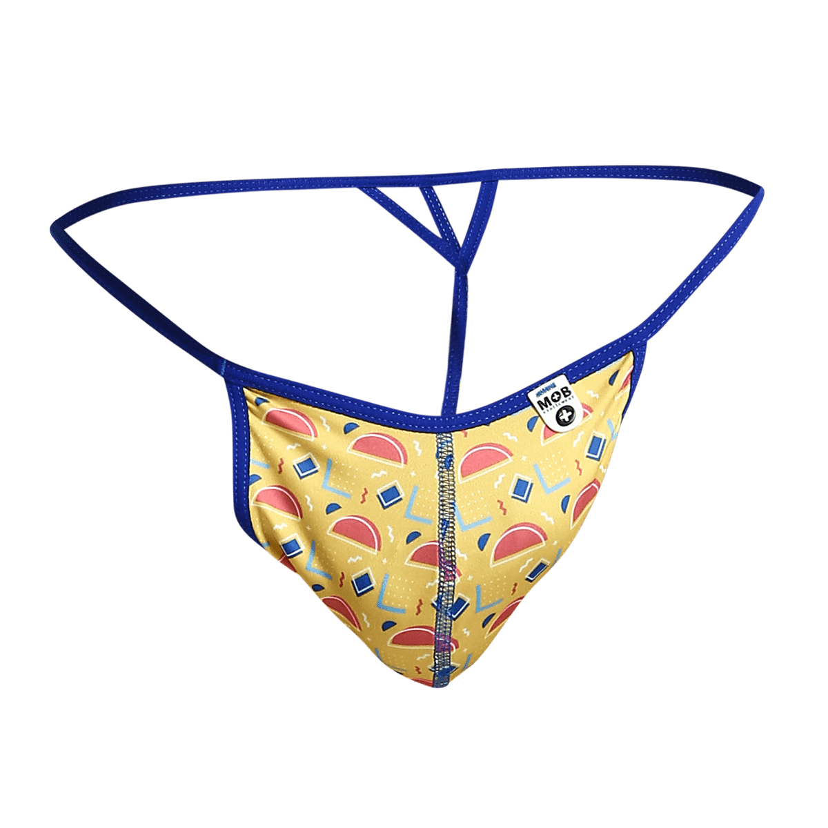 MOB Hipster T Thong print with yellow and blue retro pattern red semicircles geometric shapes and central zipper