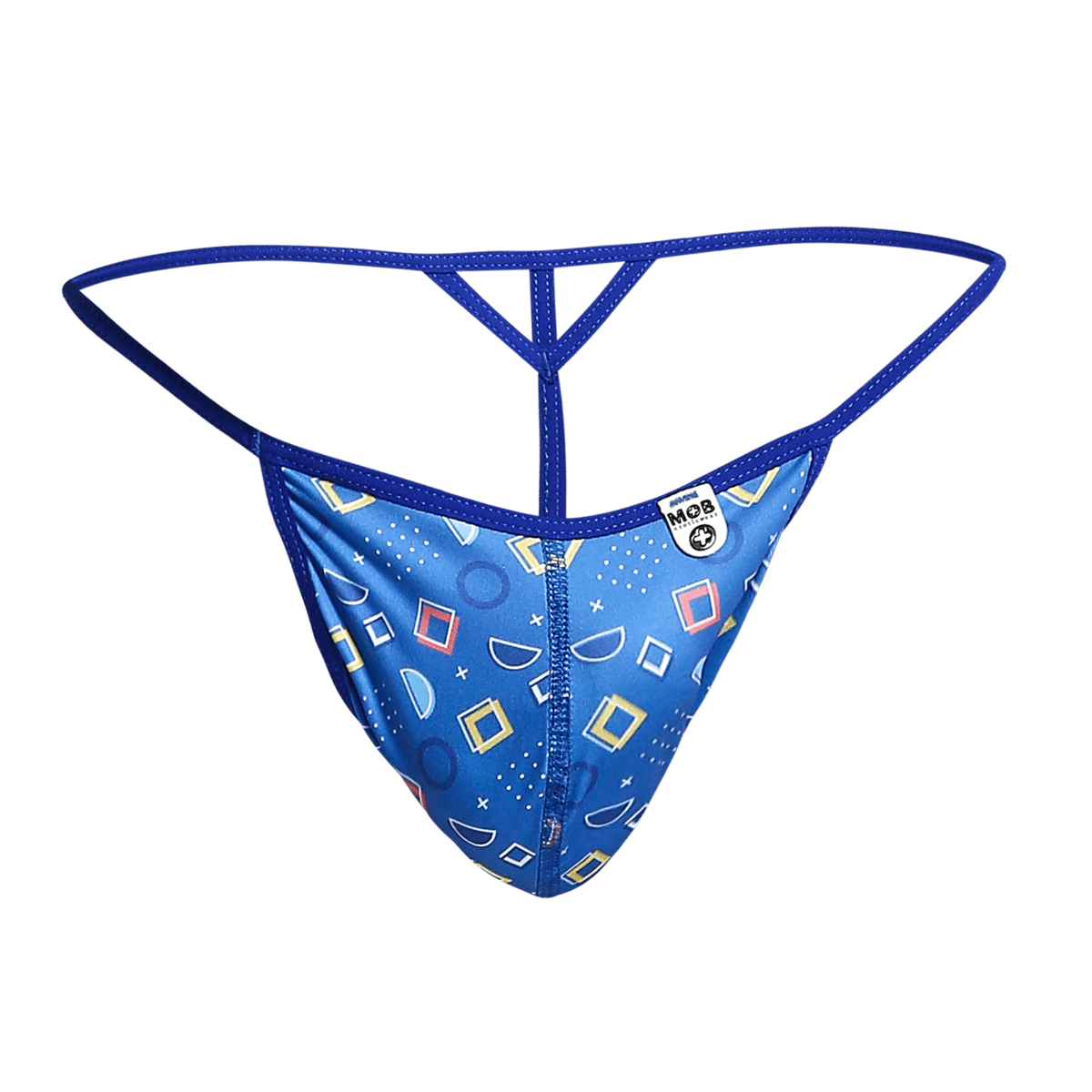 Blue patterned mob hipster t thong with geometric shapes and central zipper displaying mob brand label