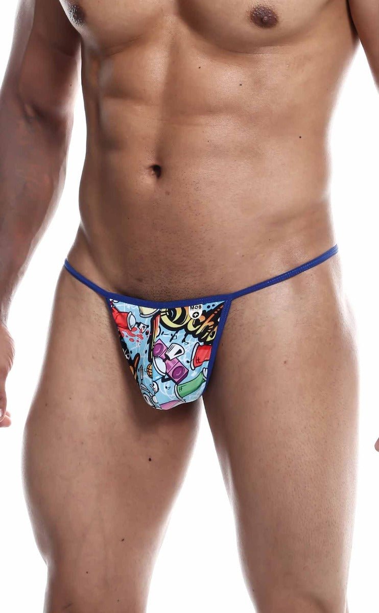 Blue thong with vibrant comic book style print featuring colorful cartoon characters and speech bubbles on light blue background