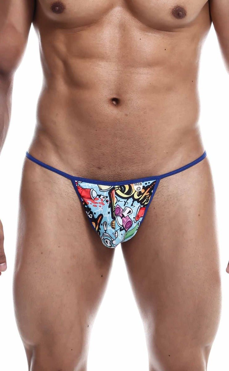 Mob hipster t thong print blue-trimmed thong with vibrant cartoon comic book-style print on light blue background