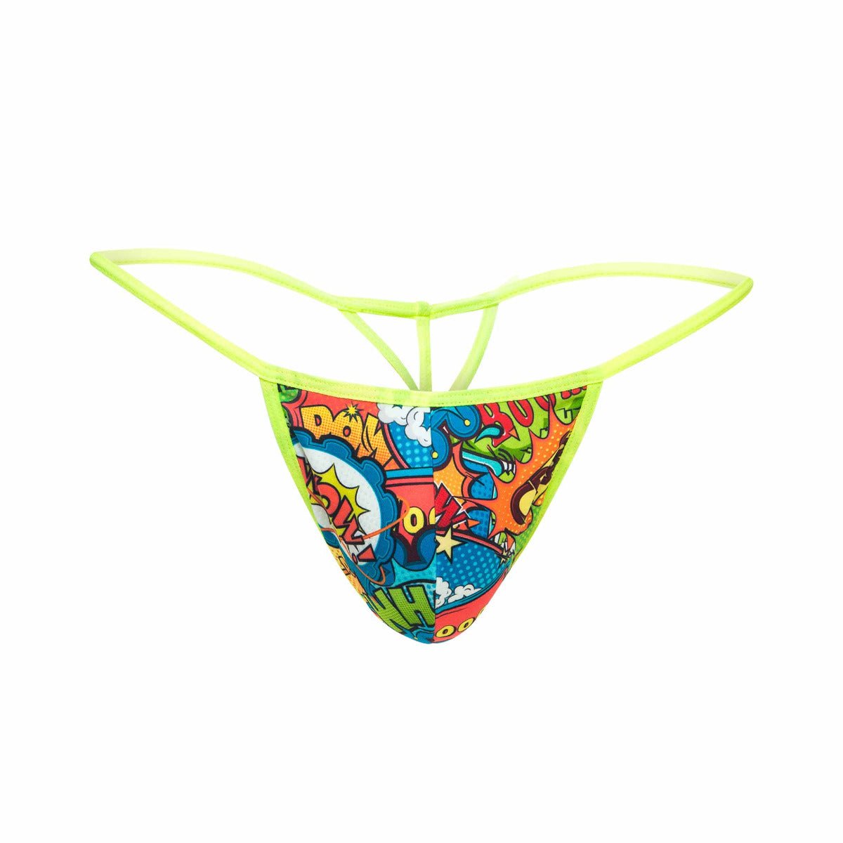 Vibrant neon green mob hipster t thong print with comic book speech bubbles and colorful action words design