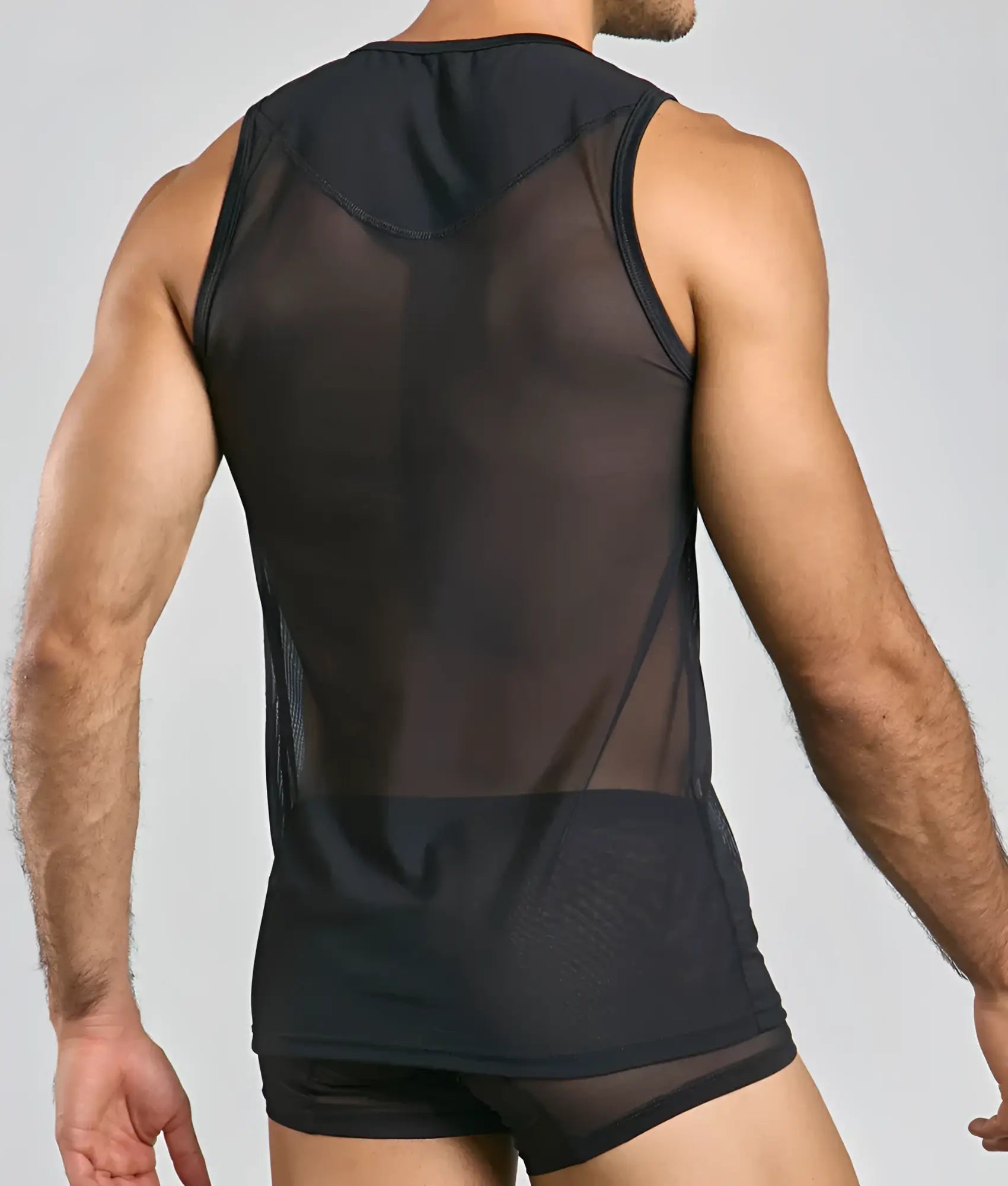 Black sheer mesh mob lace tank top with solid black panel at the bottom showcasing front view