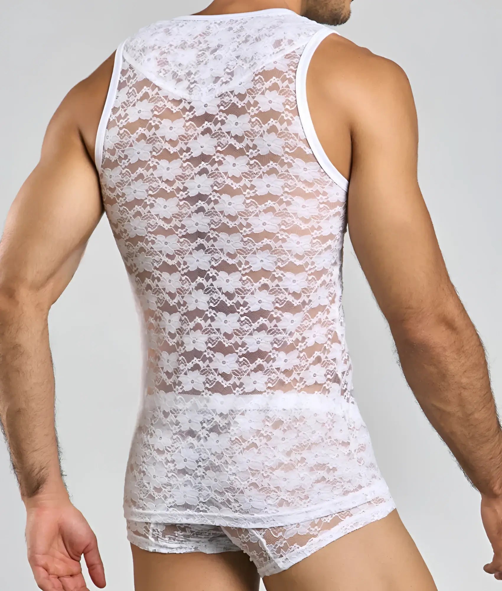 Mob lace tank top white floral lace with sheer mesh panels and fitted form-fitting design