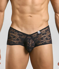Black lace men’s underwear with floral pattern and central pouch design mob loop cheeky trunk front view