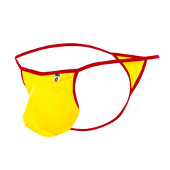 Bright yellow and red mob magic pouch thong with bold minimalist design in front view