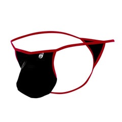 Black and red mob magic pouch thong with sleek minimalist design showing front side in soft breathable fabric