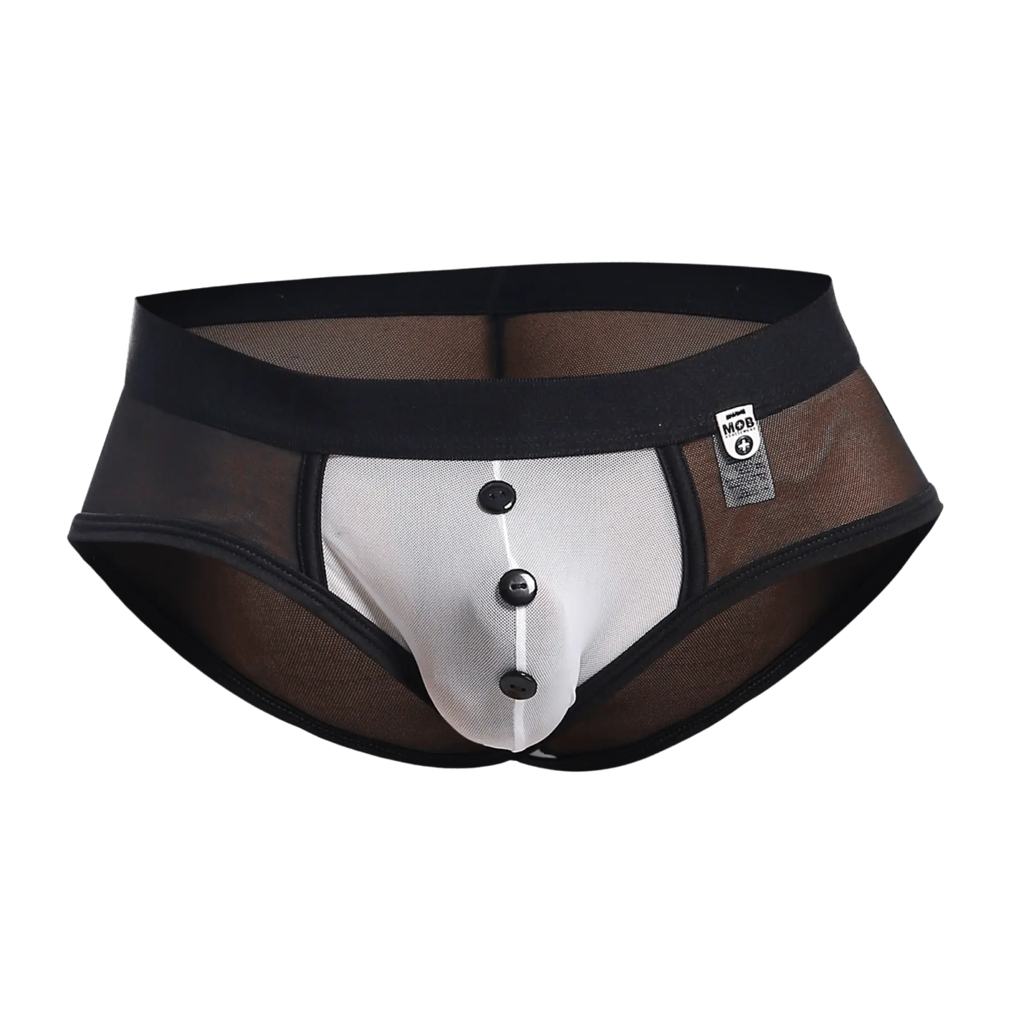 Black and white mesh briefs with button front design from mob maitred costume for a bold look
