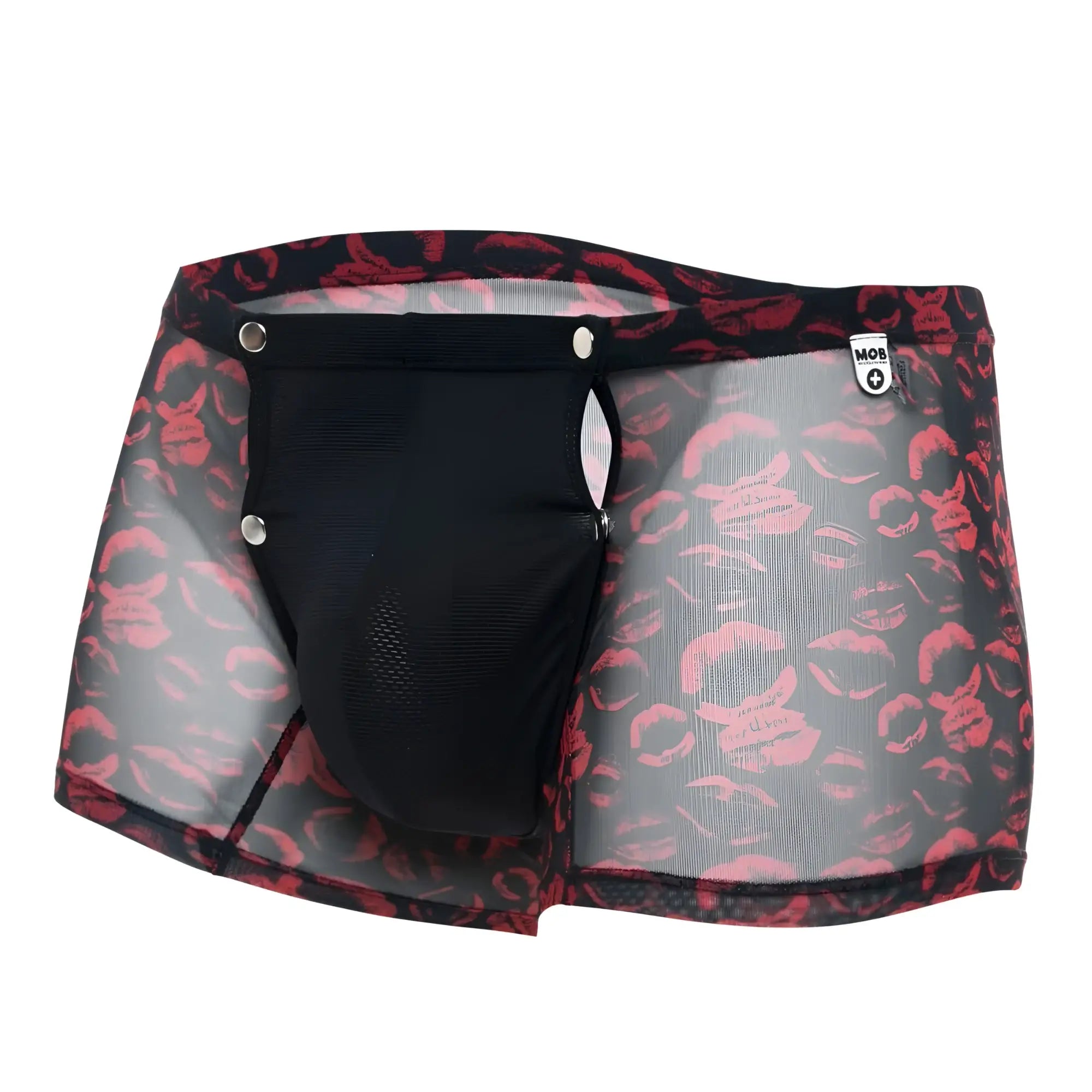 Mob men’s boxer tull pouch print black mesh briefs with bold red lipstick print and silver snap closures