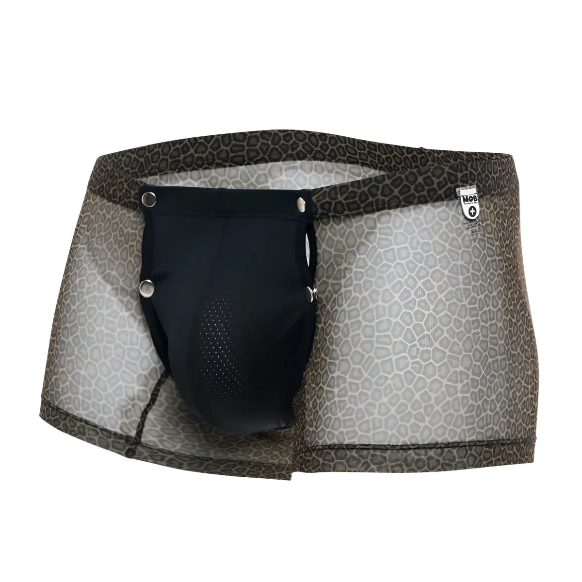 Mob men’s boxer tull pouch print black mesh briefs with leopard print and solid black perforated inner pouch